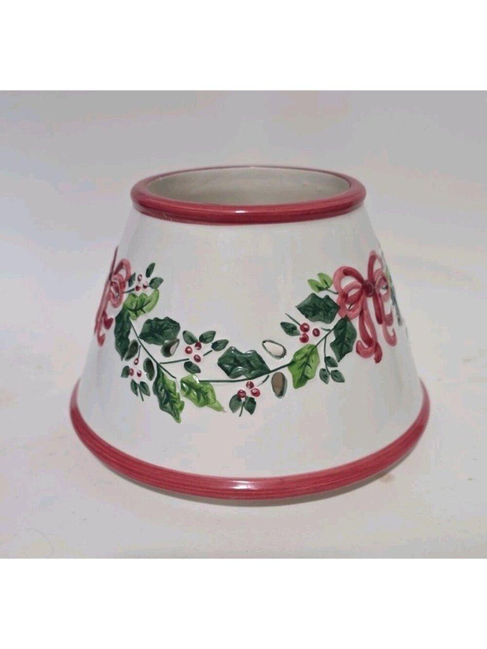 Vintage Ceramic Candle Lamp Shade Holly And Bows Ribbons Christmas Holiday Decor